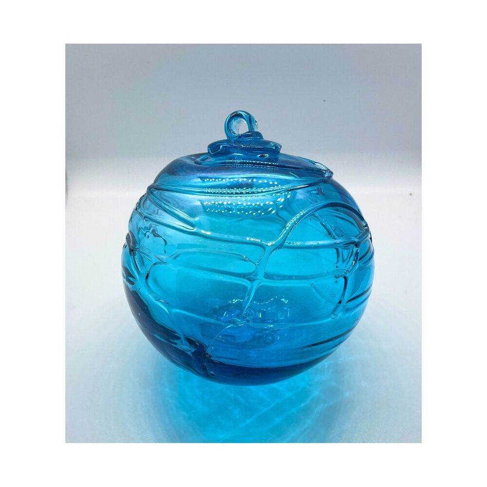 2 Sisters Artisan Glass Textured 4" Iridescent Aqua Blue Blown Glass Ornament